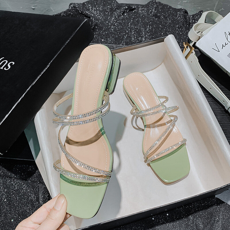 Sandalias de verano con diamantes de agua para mujer, zapatillas de vestir, medio grandes zapatos de tacón, sandalias de lujo para mujer