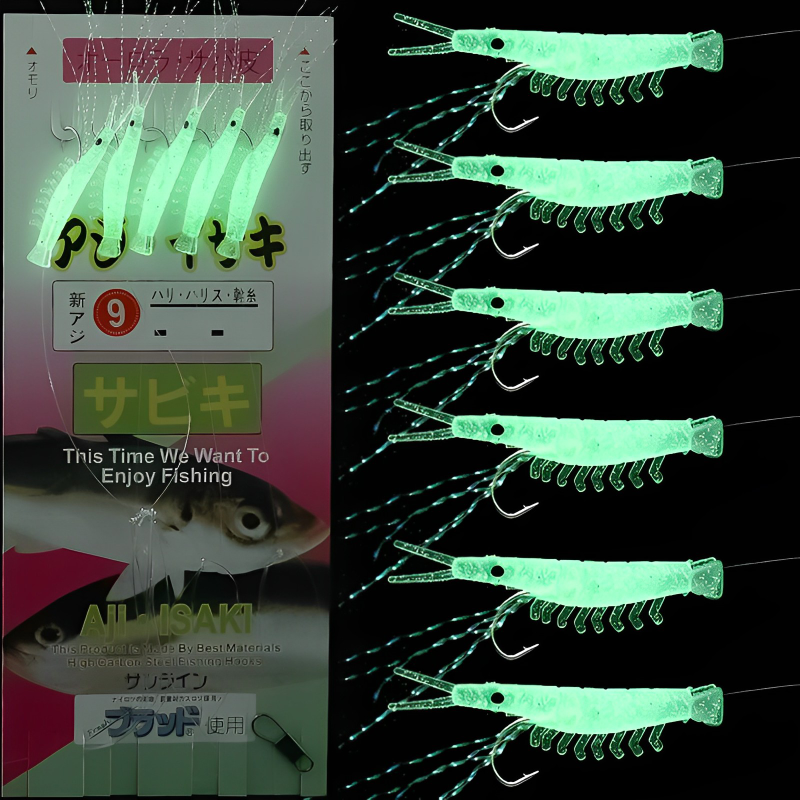 5 stücke leuchtende weiche Garnelen Angelhaken Köder Köder simuliert Fischhaut Schnur Haken Makrele Widerhaken Bass Kabeljau lockt Seefischerei