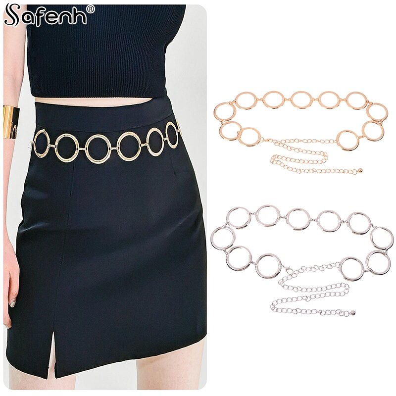 1pcs Luxury Fashion Women Metal Chain Belt Large Metal Ring Waist Strap Dress Coat Skirt Lady Decorative Waistband