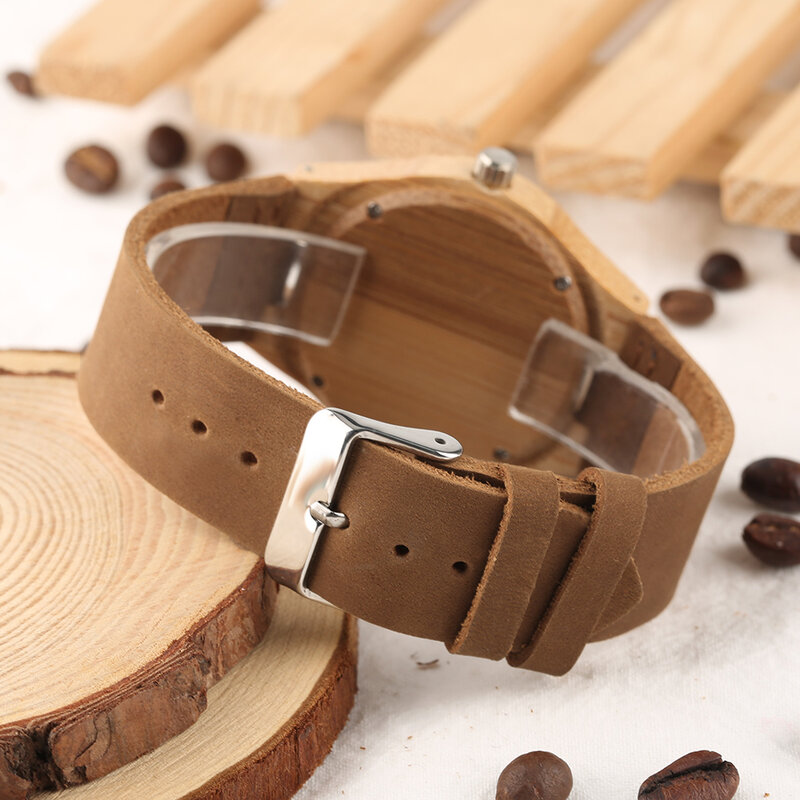 Trend ige kaffee braune Zifferblatt Bambus Holz Damen Quarz Armbanduhr Echt leder Armband natürlichen Stil Holz Damen Armbanduhr
