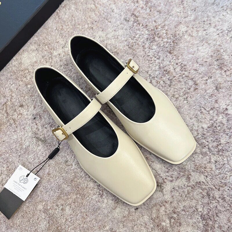 Maxdutti-zapatos planos de piel auténtica para mujer, calzado Vintage francés, con punta redonda, cómodo, Mary Janes, primavera, 2023