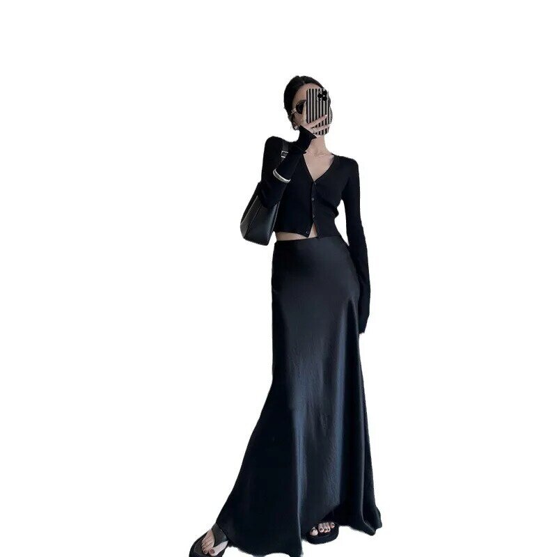 Jupe trapèze drapée en satin taille haute pour femme, longue, amincissante, à la mode, nouveau style d'été, 2024