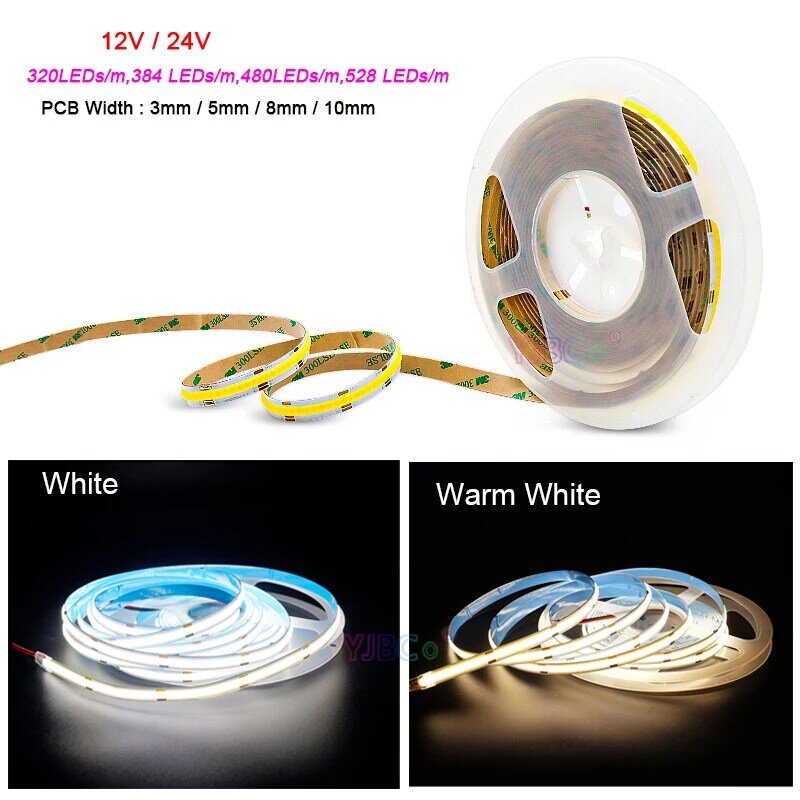 Bande lumineuse LED COB haute densité, barre souple flexible, lumières FCOB, intensité variable linéaire, blanc chaud, 12V, 24V, 320, 384, 480/528 gible, m, 5m