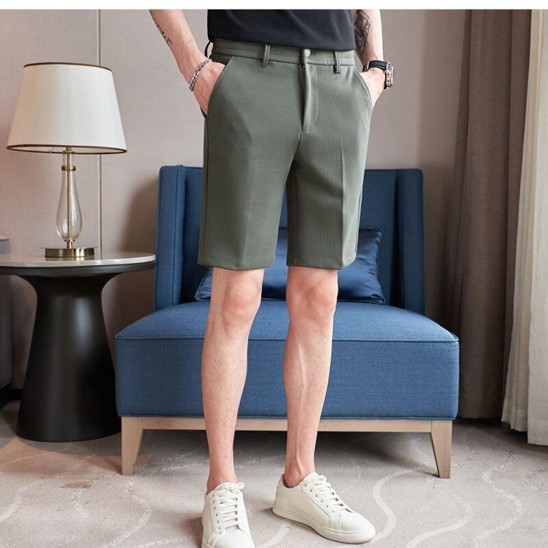 2024 New Trendy Summer tinta unita tasca da uomo con cerniera pantaloncini pieghettati moda semplice Versatile Casual lunghezza al ginocchio pantaloni dritti
