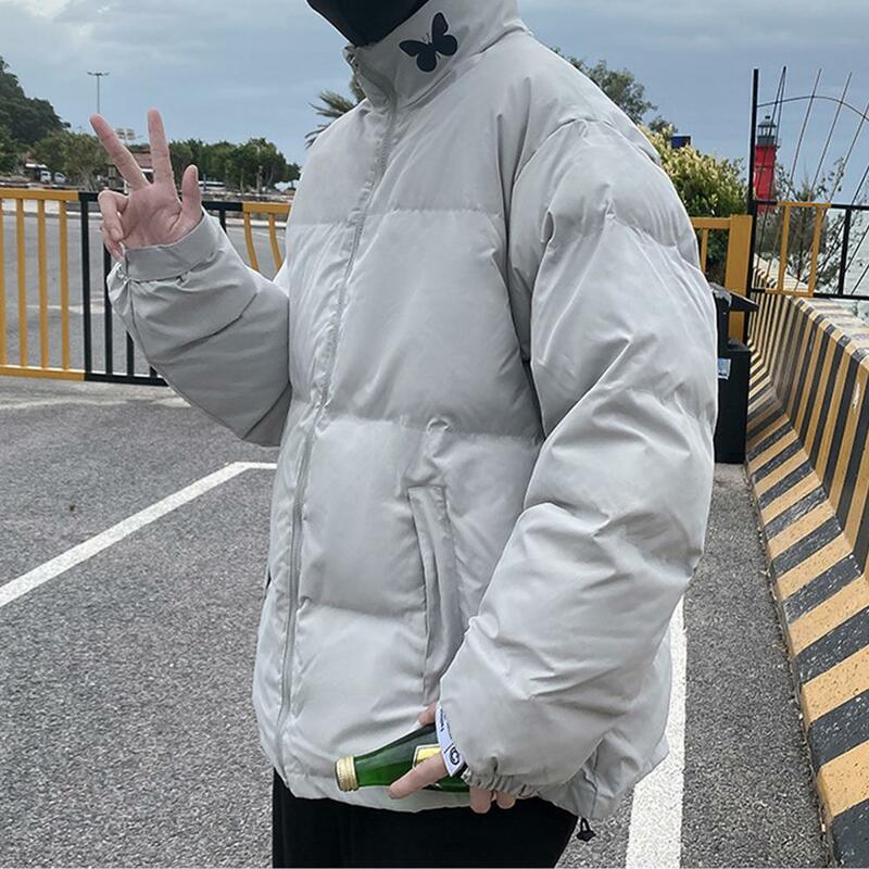 Solid Color Winter Coat Thickened Padded Winter Men's Jacket with Neck Protection Windproof Zipper Closure Cold for Long