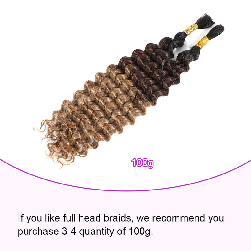 Linhua-Deep Wave Bulk Trança de cabelo humano para Crochet, Boho Tranças, Omber, Micro Knotless, Bohemian Tranças, Double Drawn, T1B, 4, 27