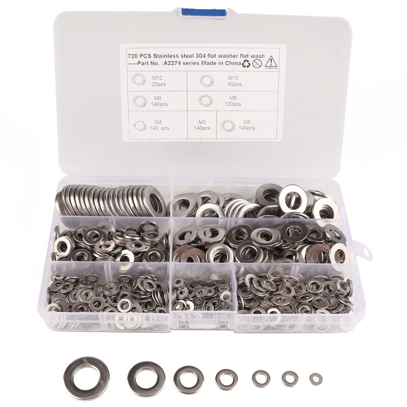 720 Pieces of 304 Stainless Steel Washers Flat Washer Assortment Set Kit 7 Sizes M3 M4 M5 M6 M8 M10 M12
