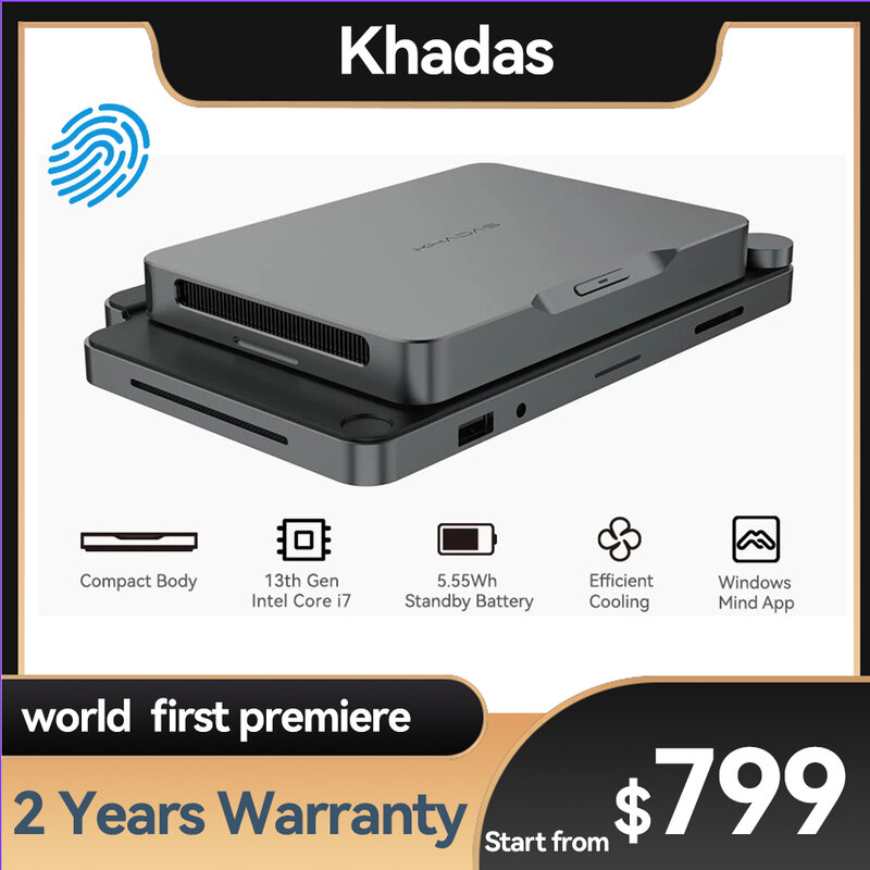 Khadas Mind-Mini PC Gamer, Intel i7, 1360P, Design Modular, Estação de Trabalho Portátil, Computador Desktop, Bateria 5.55Wh para Casa e Escritório