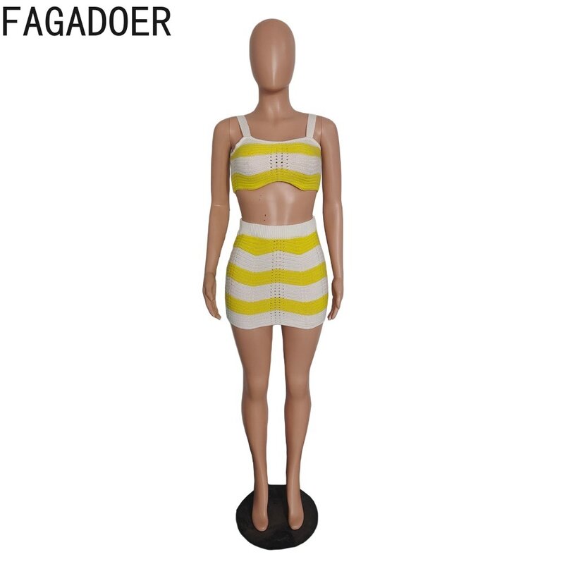 FAGADOER Summer New Striped Knitting Vacation Beach Two Piece Sets Women Sleeveless Vest And Mini Skirts Outfits Female Clothing