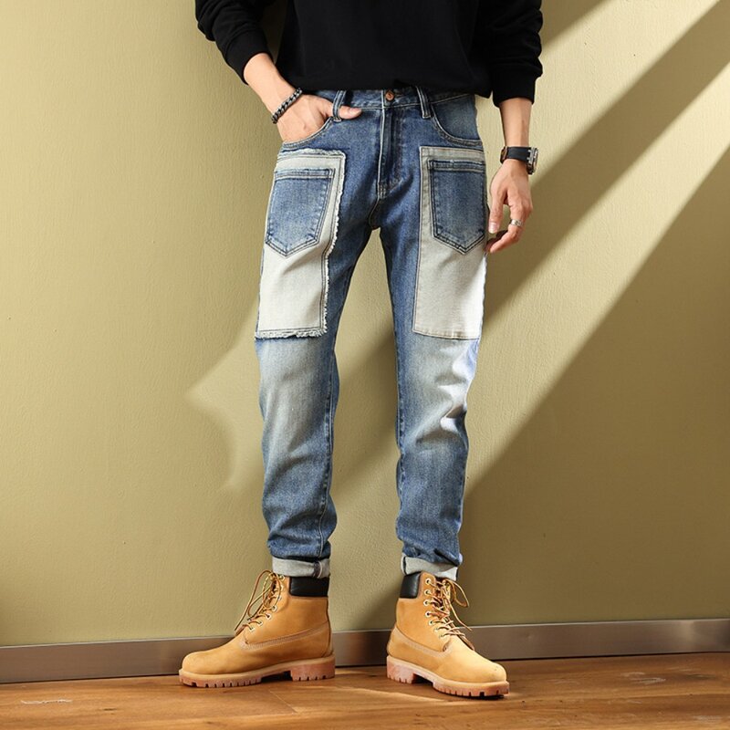 2024 New Fashion Stitching Jeans High Street Elastic Slim Men's Small Foot Pants Hip Hop Mid-Waist Clothing Cargo Pants Men