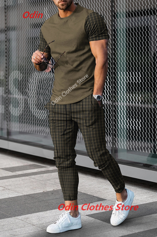Setelan cetakan 3D 2 buah kaus + celana panjang pria, pakaian Jogging, setelan olahraga celana panjang pria musim panas trendi baru