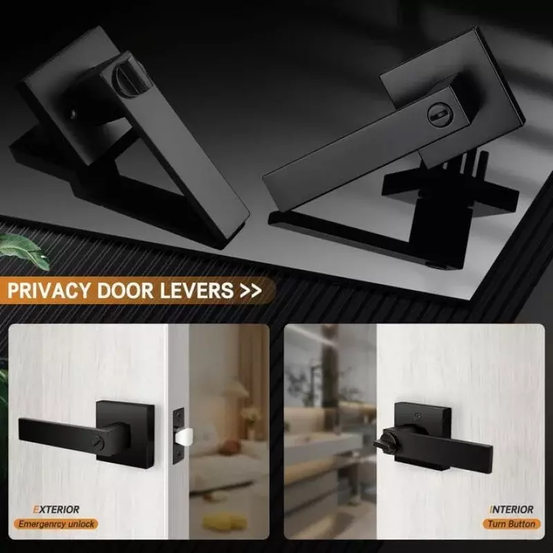 Probrico 8 Pack | Square Privacy By Levers Locksets in Matte Black Finish, Bed/Bath By Levers Keyless Interior Handles, Reverses