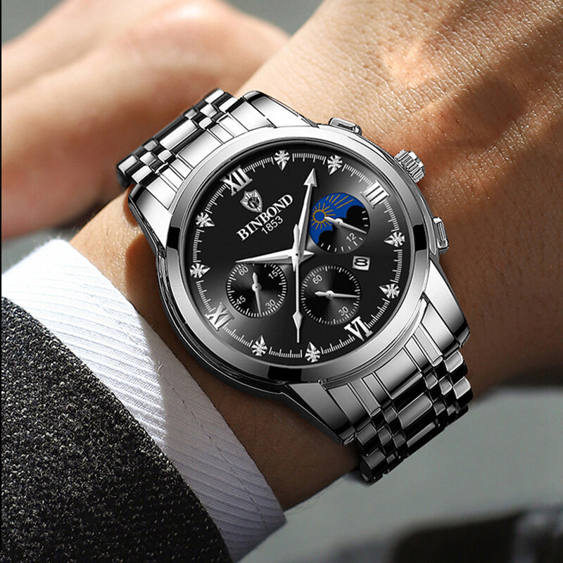 BINBOND-Relógio de pulso de couro de luxo masculino, Quartz Business, Impermeável, Luminoso, Cronógrafo, Data, Relógios casuais