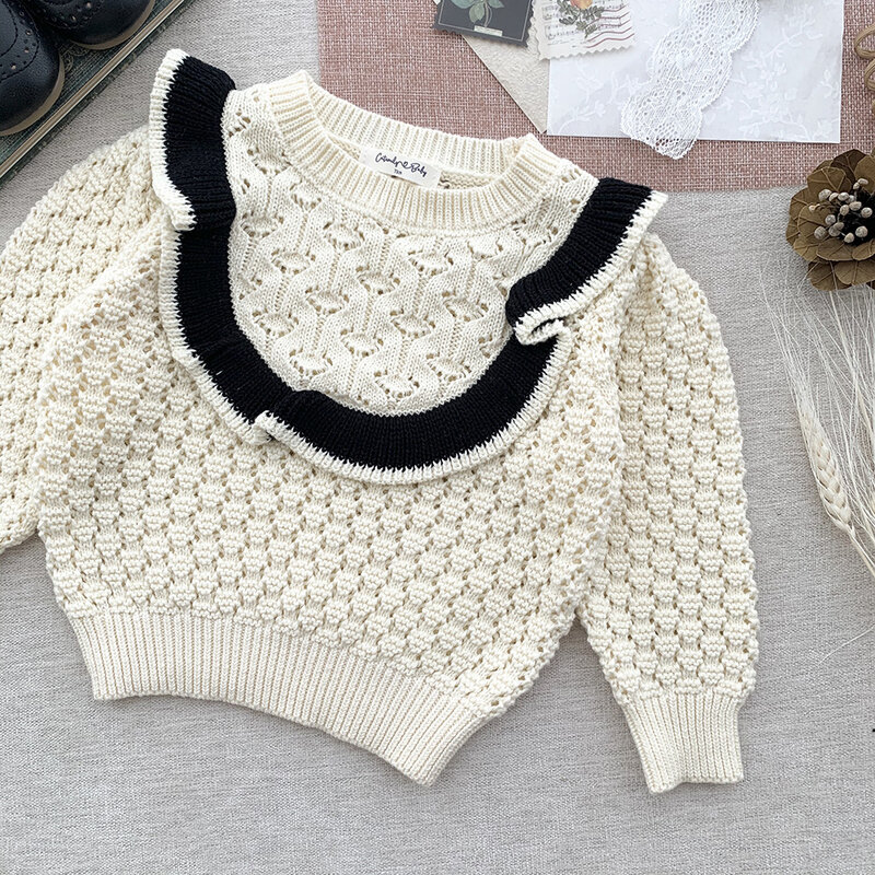 Jenny&Dave Baby Girls Hollow Jacquard Contrast Sweater Baby Round Neck Bubble Sleeve Sleeves Headhair Girl