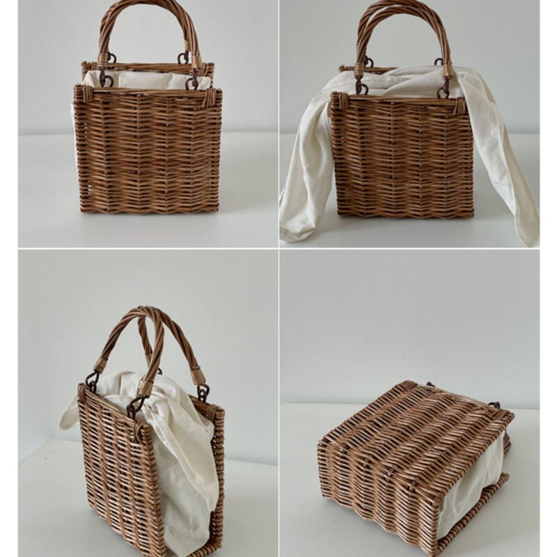 Japanese Small Square Rattan Bag Canvas Spliced Cane Woven Holiday Beach Bags Leisure White Portable Cabbage Basket Purse