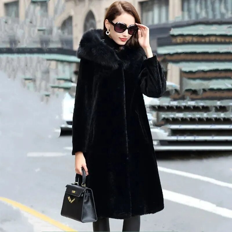 Manteau en velours faux vison pour femme, pardessus portable des deux côtés, mi-long, automne, hiver, sourire vison, manteau à capuche en fausse fourrure, XL-7XL
