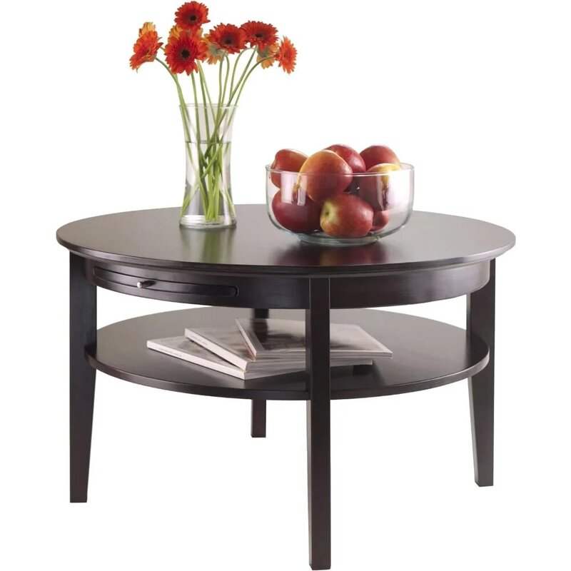 Dark Espresso (92232) Furniture 18-inch Wood Amelia Round Coffee Table With Pull Out Tray Vanity Table for Makeup End of Tables