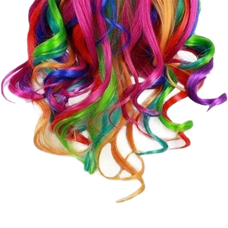 Lady Rainbow Long Curly Wigs Fashion Cosplay Costume Hair Anime Full Wavy Party Wig 70cm