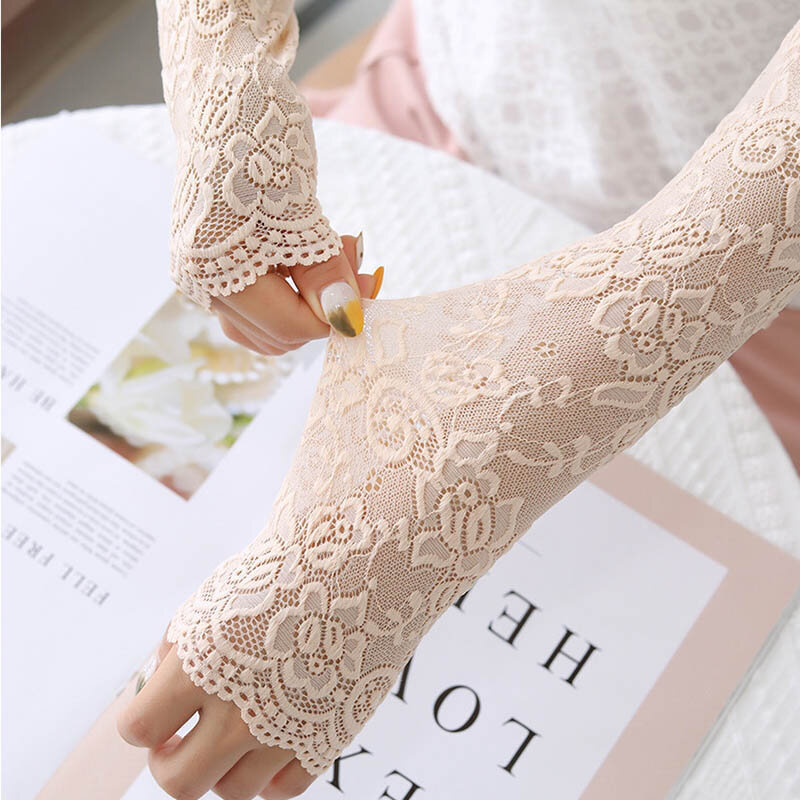 1Pair Sexy Lace Flowers Sunscreen Arm Sleeve for Women Summer Driving UV Protection Gloves Elegant Long Fingerless Arm Sleeve