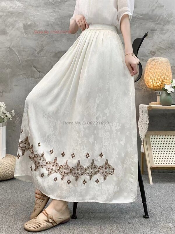 2024 Китайская традиционная юбка, атласная жаккардовая винтажная юбка А-силуэта с цветочной вышивкой в национальном стиле, юбка в фольклорном стиле с эластичным поясом