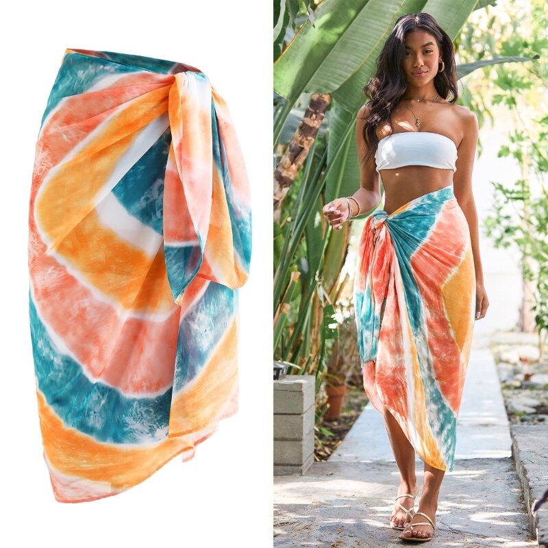 E8bf sarong-maiô coverup para as mulheres de pouco peso longo praia-laço envoltório saia sexy biquíni impresso cachecol maiô fundo