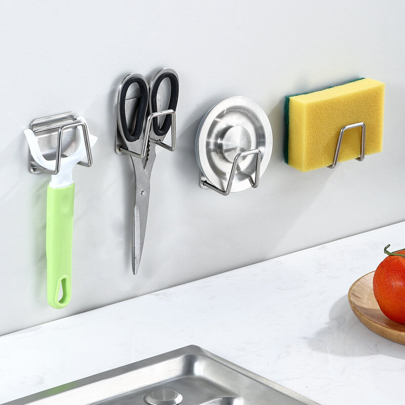 Kitchen 304 Stainless Steel Sink Sponge Holder Self Adhesive Drainer Drying Rack Wall Hooks Accessories Storage Home Organizer