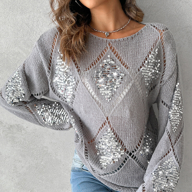 Women Fashion Sequins Loose V-Neck Knitted Pullover Spring Autumn   Casual Long Sleeve Sequins Shirts New Elegant Hollow Sweater