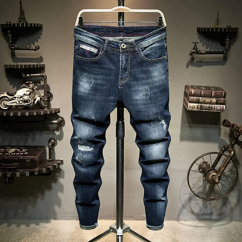 Calças jeans jeans de cintura média masculina, jeans slim, moda streetwear, roupas masculinas, tendência casual, primavera, verão, novo, 2024