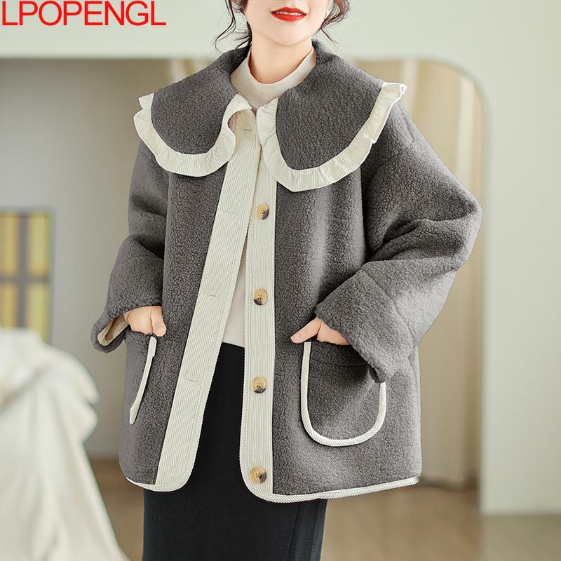 여성 램스울 가디건 와이드 웨이스트 재킷, 루즈한 패치워크, 긴팔 스트리트웨어, 싱글 브레스트 코트, 가을 겨울