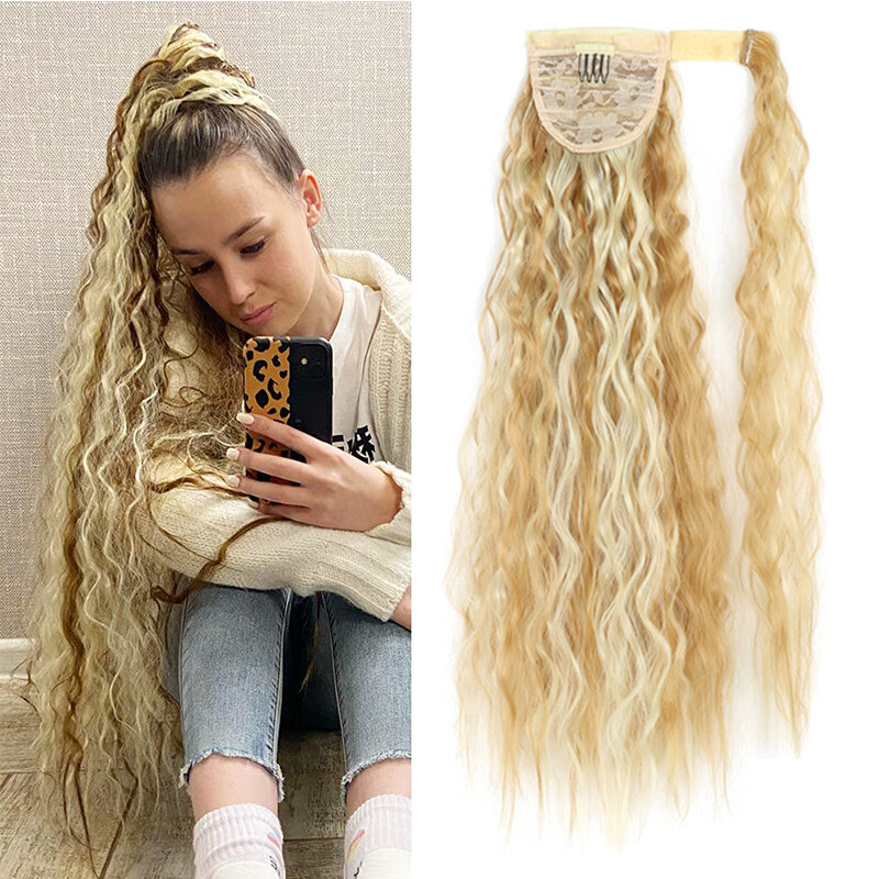 32inch Long Corn Wave Ponytail Extension Synthetic Curly Wavy Warp Around Ponytail Cabelo Pieces Magic Paste Ponytail para Mulheres Gi