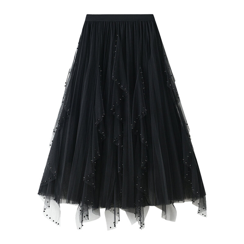 Womens Faux Pearls Asymmetrical Tulle Skirt Elastic Waist Cascading Ruffles Pleated Midi Skirt Wedding Accessory