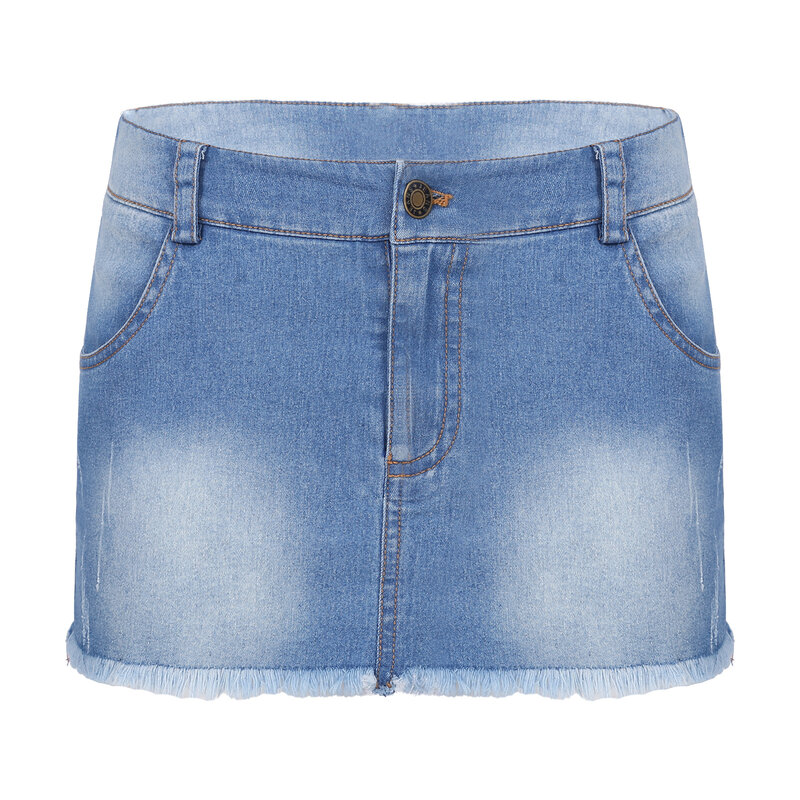 Women Sexy Denim Skirt Fashion Frayed Hem Short Skirts Summer Casual Mid Waisted Pockets Slim Fit Clubwear Solid Color Skirts