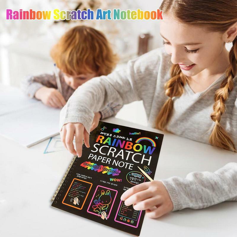 Seni kertas gores untuk anak-anak DIY buatan tangan peralatan kerajinan antigores 10 lembar lukisan pelangi hadiah ulang tahun Notebook gambar warna