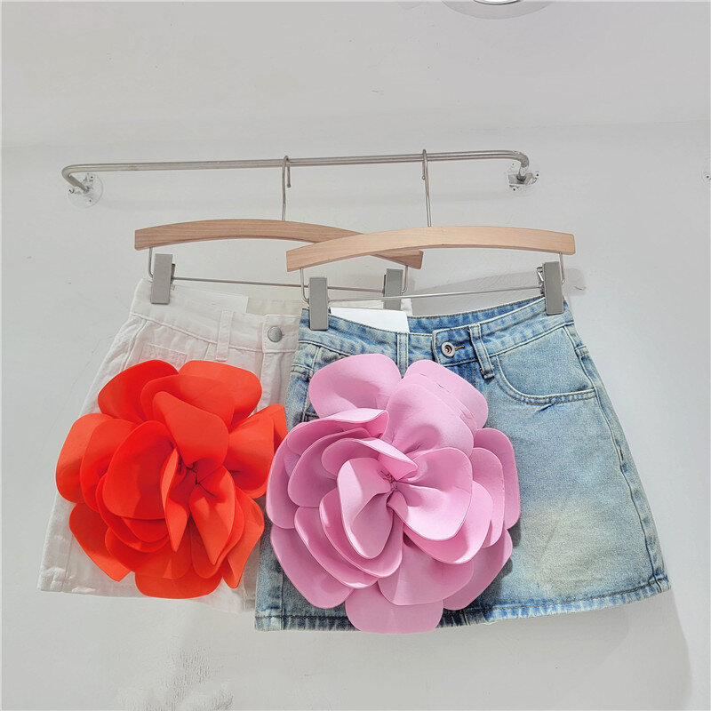 Saia curta denim de cintura alta floral 3D para mulheres, saia A-Line, shorts picantes menina com nádegas, calças para mulheres, roupas