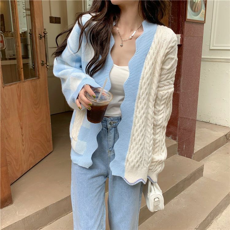 Sweet Patchwork Sweater Cardigan Women Casual Loose Plaid Knitted Tops All Match 2022 Spring Autumn New Fashion