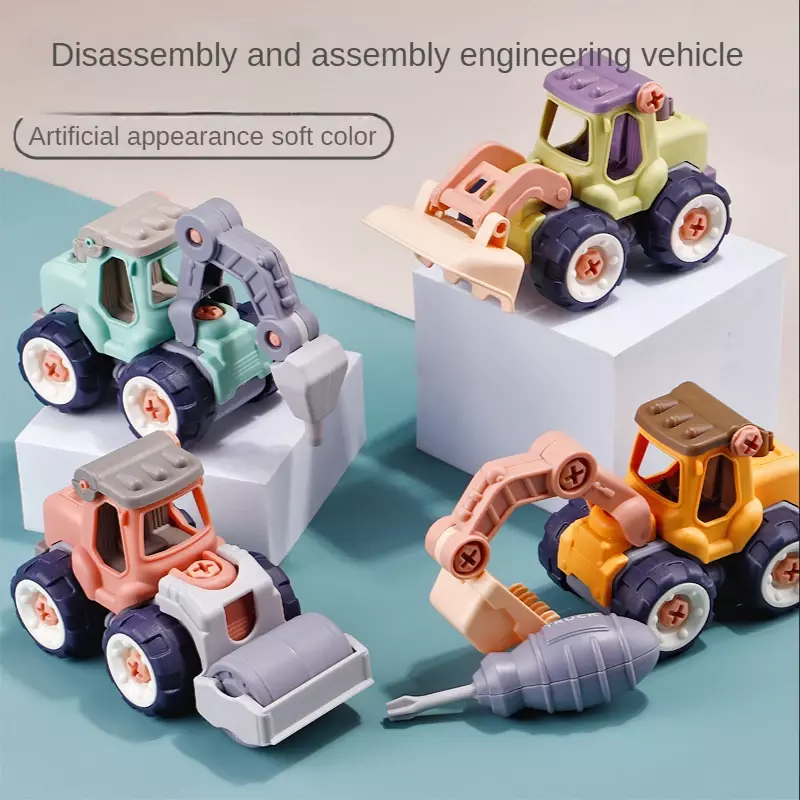 Mainan Kendaraan Rekayasa 4 Gaya Mainan DIY Hadiah Mini Anak Laki-laki Model Buldoser Truk Sampah Traktor Ekskavator Konstruksi Plastik
