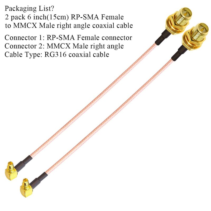 Cavo di prolunga da RPSMA a MMCX RG316 RPSMA femmina a MMCX maschio cavo coassiale RF ad angolo retto cavo coassiale per Antenna da 6 pollici (15cm) 2 pezzi