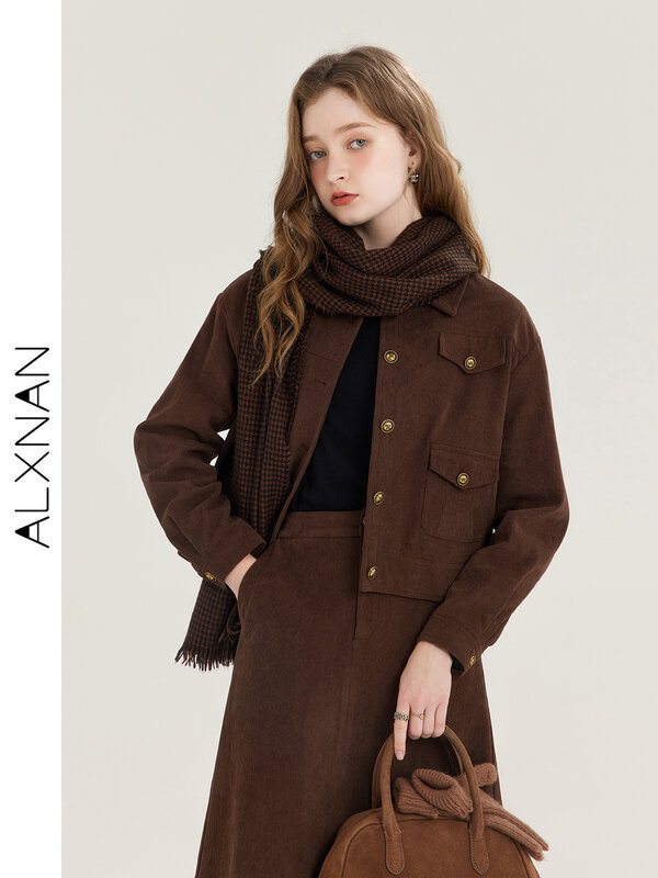 ALXNAN jaket korduroi kasual wanita, jaket pendek ramping pinggang tinggi, rok A-Line dijual terpisah musim gugur 2024