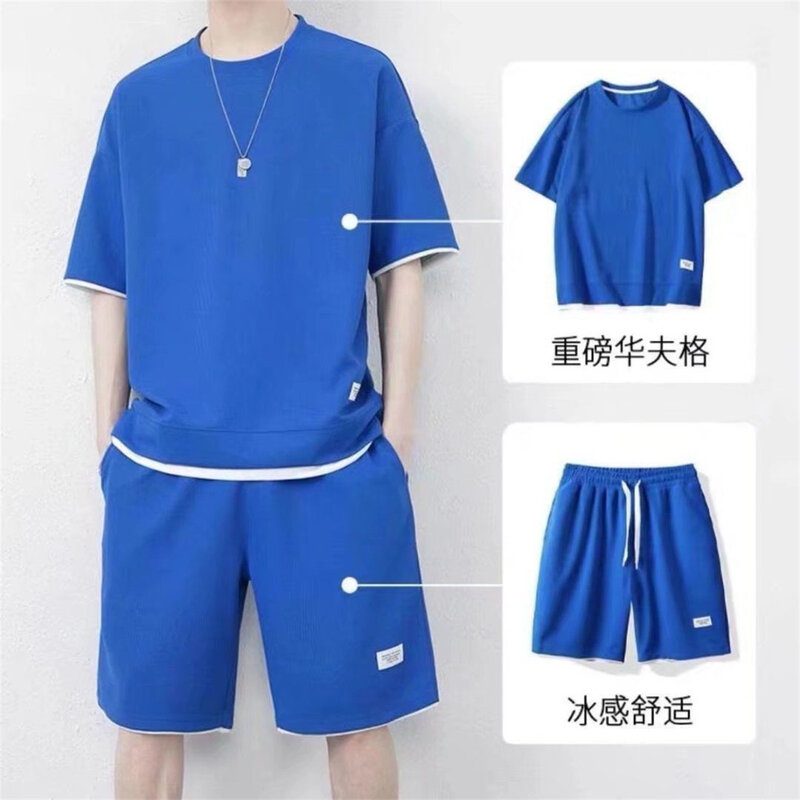 Clothing Summer Sports Suit For Men Comfortable Breathable Mesh Waffle Sets Fitness Tracksuit T-shirt+Shorts Two-Piece Set