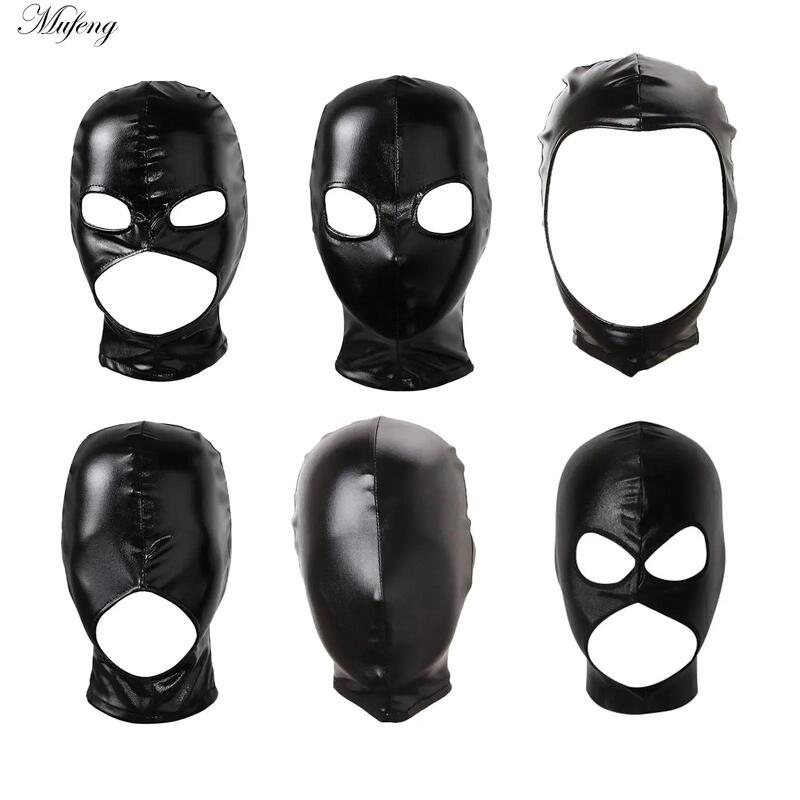 Unisex brilhante látex capuz máscara facial completa, boca aberta, furo chapelaria, bronzeando Headpiece, Role Play Traje
