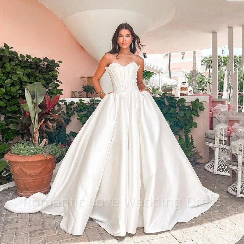 Elegant Sweetheart Wedding Dresses Corset Bride Dress Sequins A Line Bridal Gowns With Pocket Women Bride Gown Custom