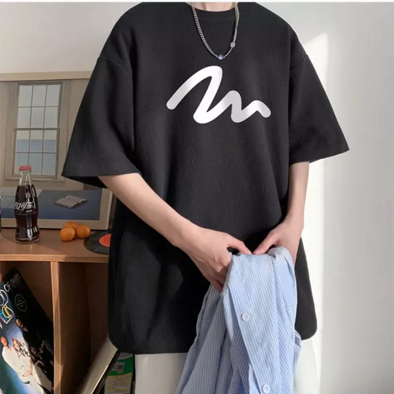 Conjunto de 2 piezas de pantalones cortos para hombre, camiseta de media manga con cuello redondo, estilo Hong Kong, holgado, de gran tamaño