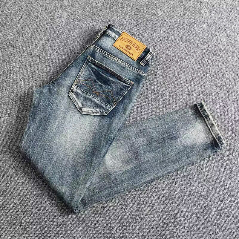 Jeans rasgado azul lavado elástico slim fit masculino, calças jeans, calças de moda recém-desenhadas