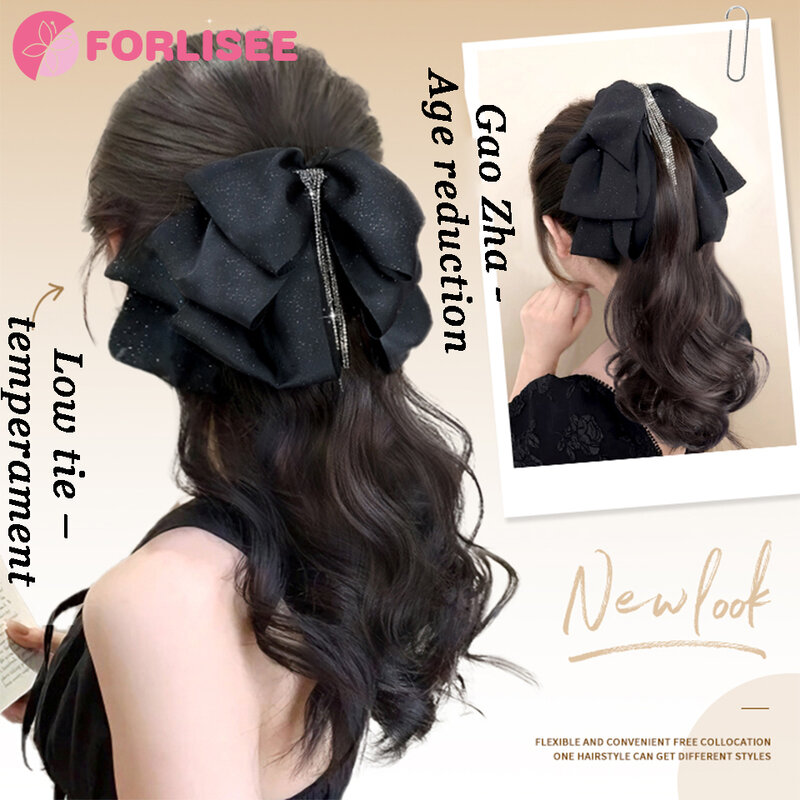 Synthetic Tassel Bow Claw Clip Ponytail Temperament Slightly Curly Hair Natural Heat-resistant Chemical Fiber Wig Ponytail