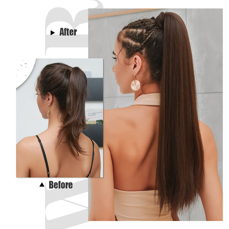 Synthetic Ponytail Hair Long Straight Ponytail Wrap Around Clip in Hair Extensions Copper Brown Natural Hairpiece for Women