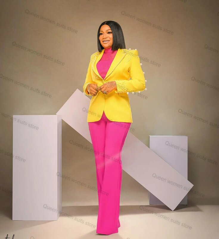 Perle donna completo pantaloni Set 2 pezzi Blazer giallo + pantaloni rosa smoking da sposa in cotone giacca da donna formale da ufficio cappotto su misura