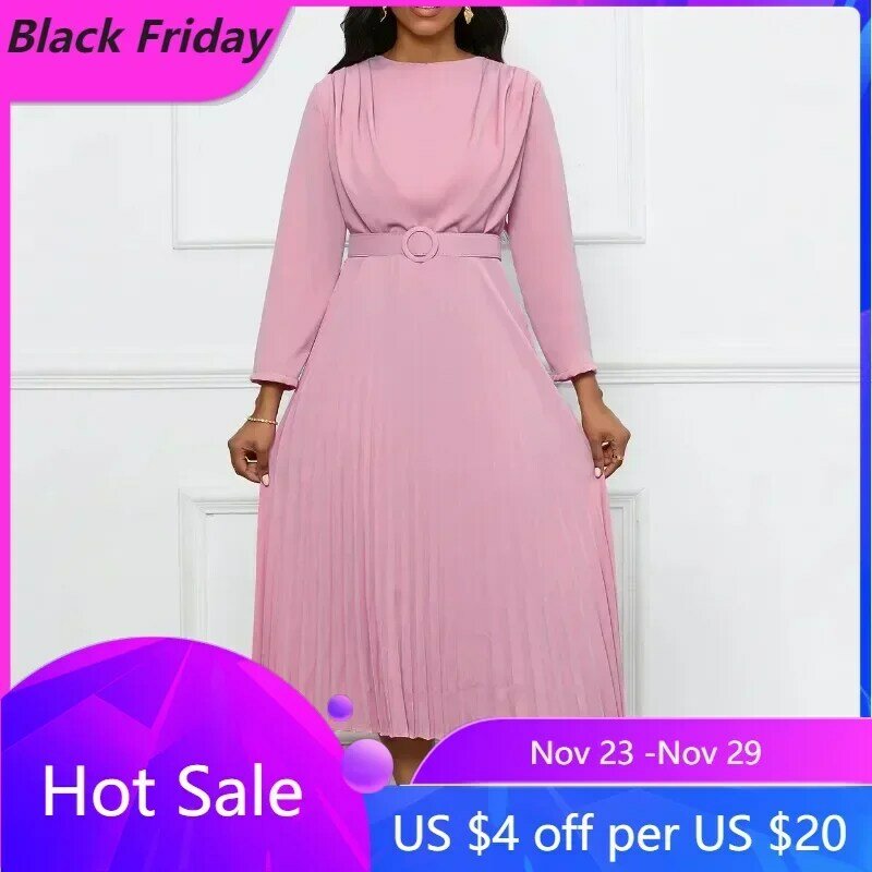 African Dresses for Women Elegant 2024 Spring African Long Sleeve O-neck Polyester Pleat Maxi Dress with Belt African Clothing