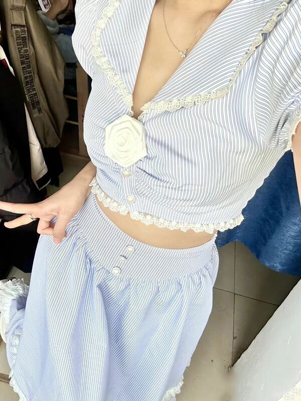 Korea Blue Striped Sweet Two Piece Set Women Lace France Elegant Long Skirts Suit Female Puff Sleev Blouse + Party Skirt Summer