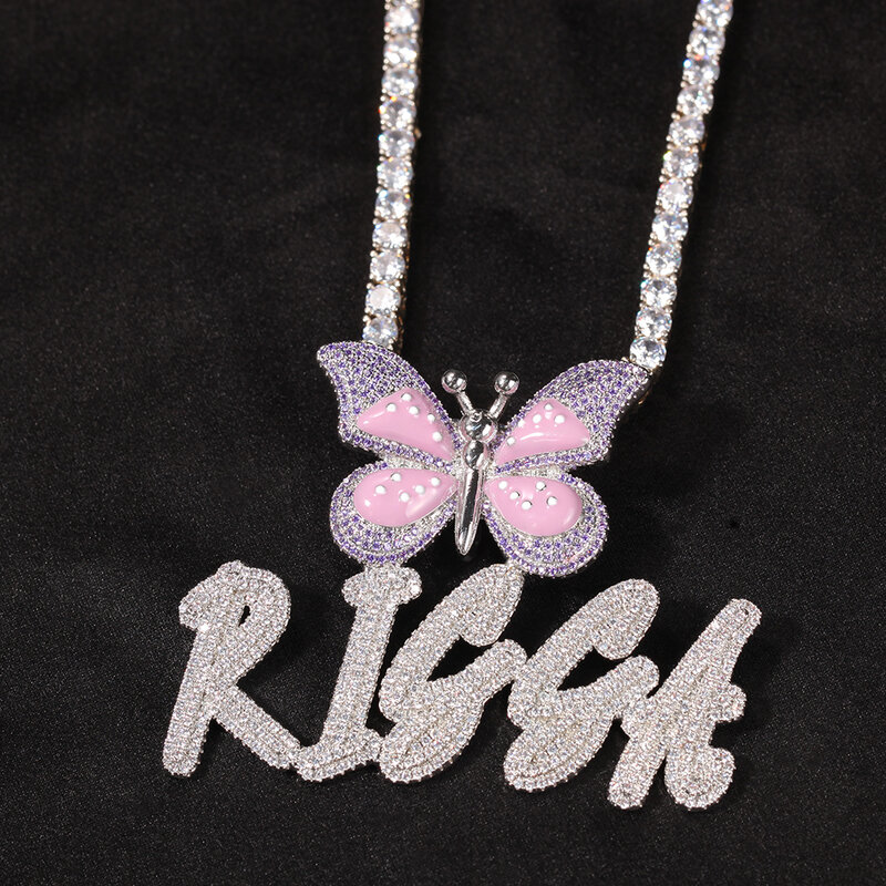 Uwin Custom Initial Pendant  Brush Letters With Butterfly Name Necklace Iced Out Personalised Necklace Gift Drop Shipping