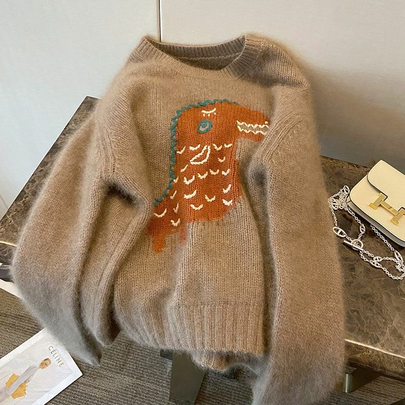 EBAIHUI Cute Jacquard Design Women's Sweater Fashion Lazy Style Ladies Knitwear Autumn and Winter New Loose Long Sleeve Pullover